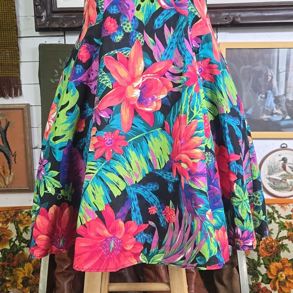 Cotton Halter Top Minidress Petticoat Exotic Plants Flowers Monstera Cactus - Picture 4 of 17